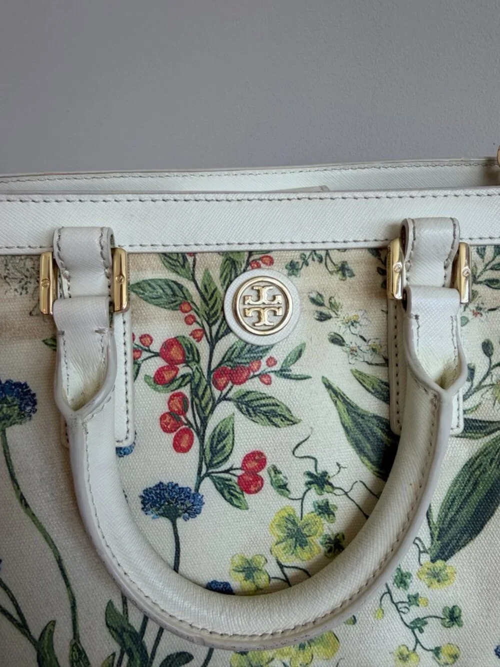 Tory Burch Floral Botanical Canvas Satchel Shoulder Bag Ivory Gold